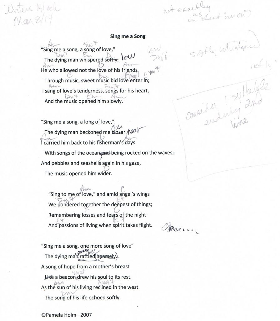 Lyrics with edits for Sing me a Song by Pamela Holm