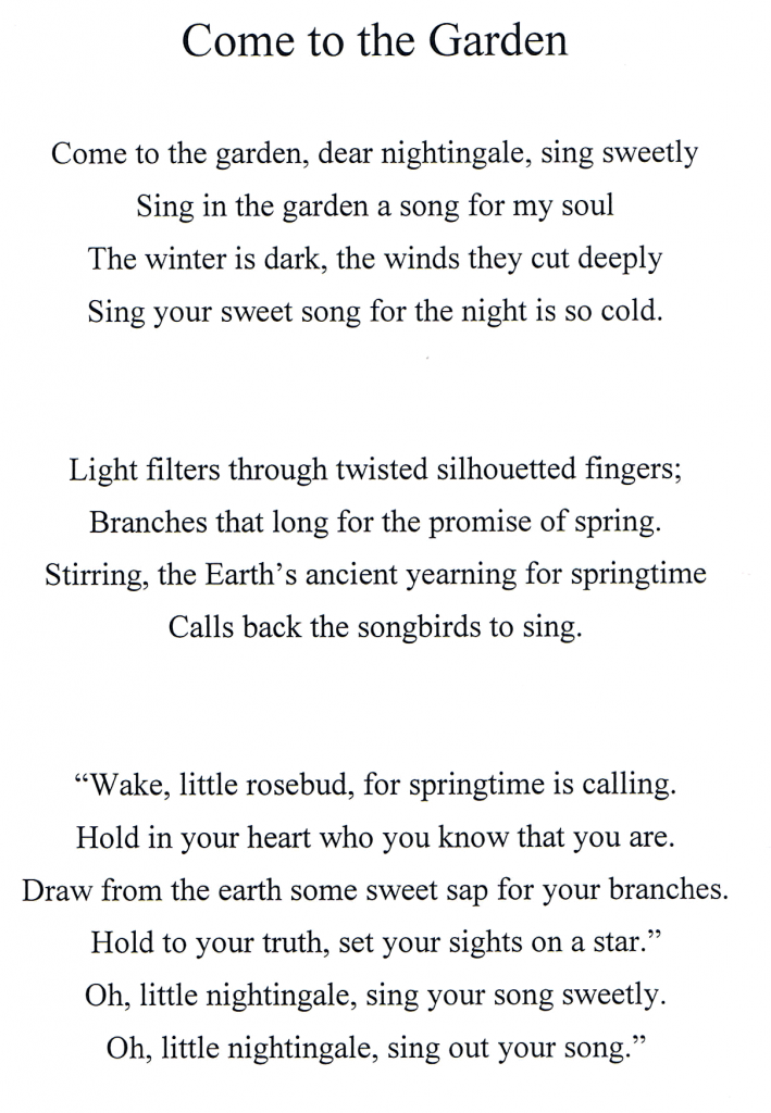 Lyrics for Come to the Garden, by Pamela J Holm.