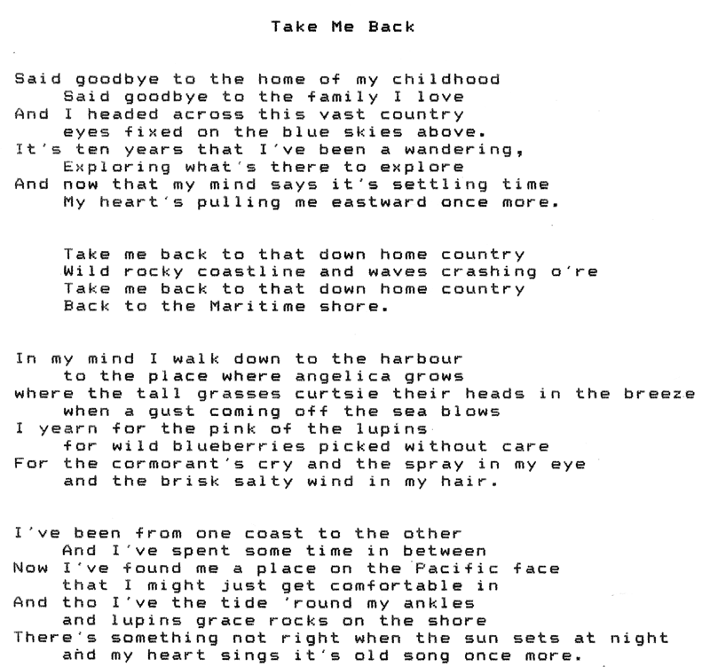 Lyrics to "Take Me Back" by Pamela J Holm