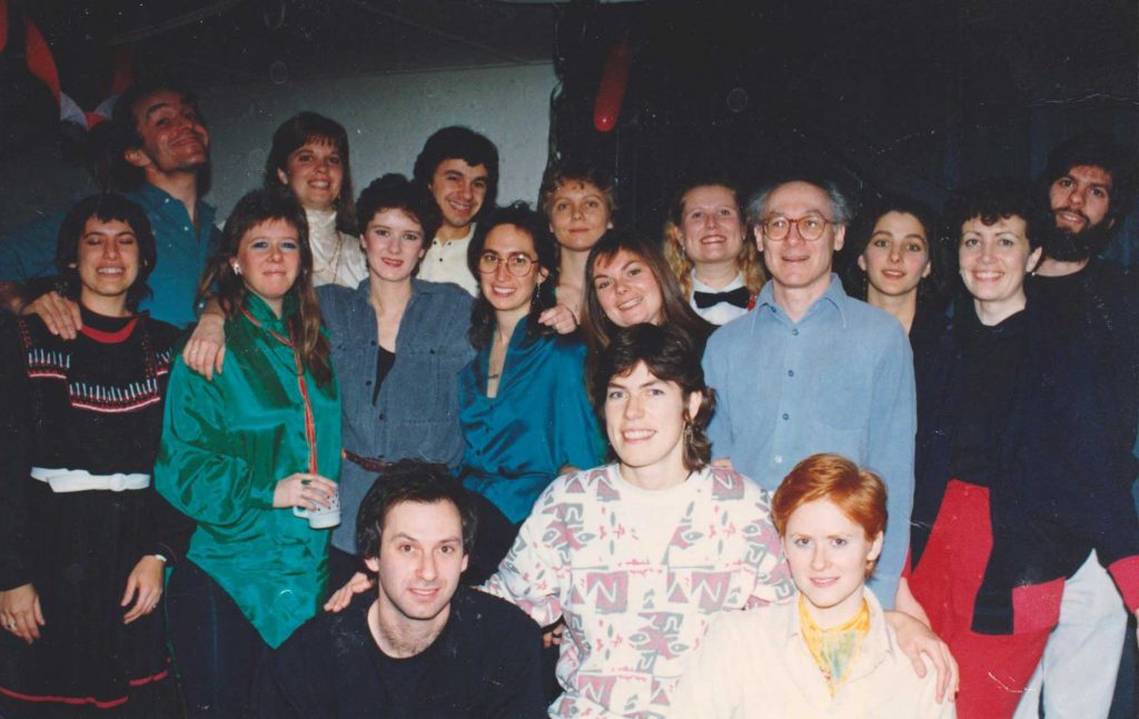 Montreal's Yellow Door Tabernacle Choir, directed by Linda Morrison (centre), in the mid-1980s. Pamela Holm is bottom right, Heather Holm top left.