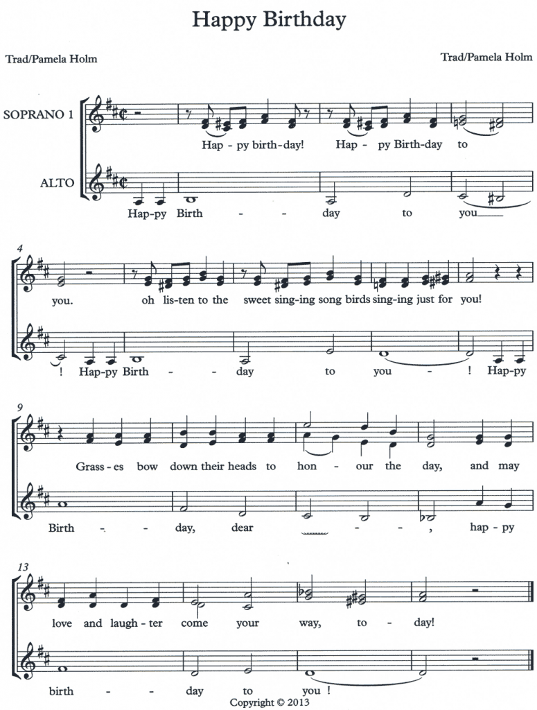 A capella trio birthday song arrangement by Pamela Holm, 2013