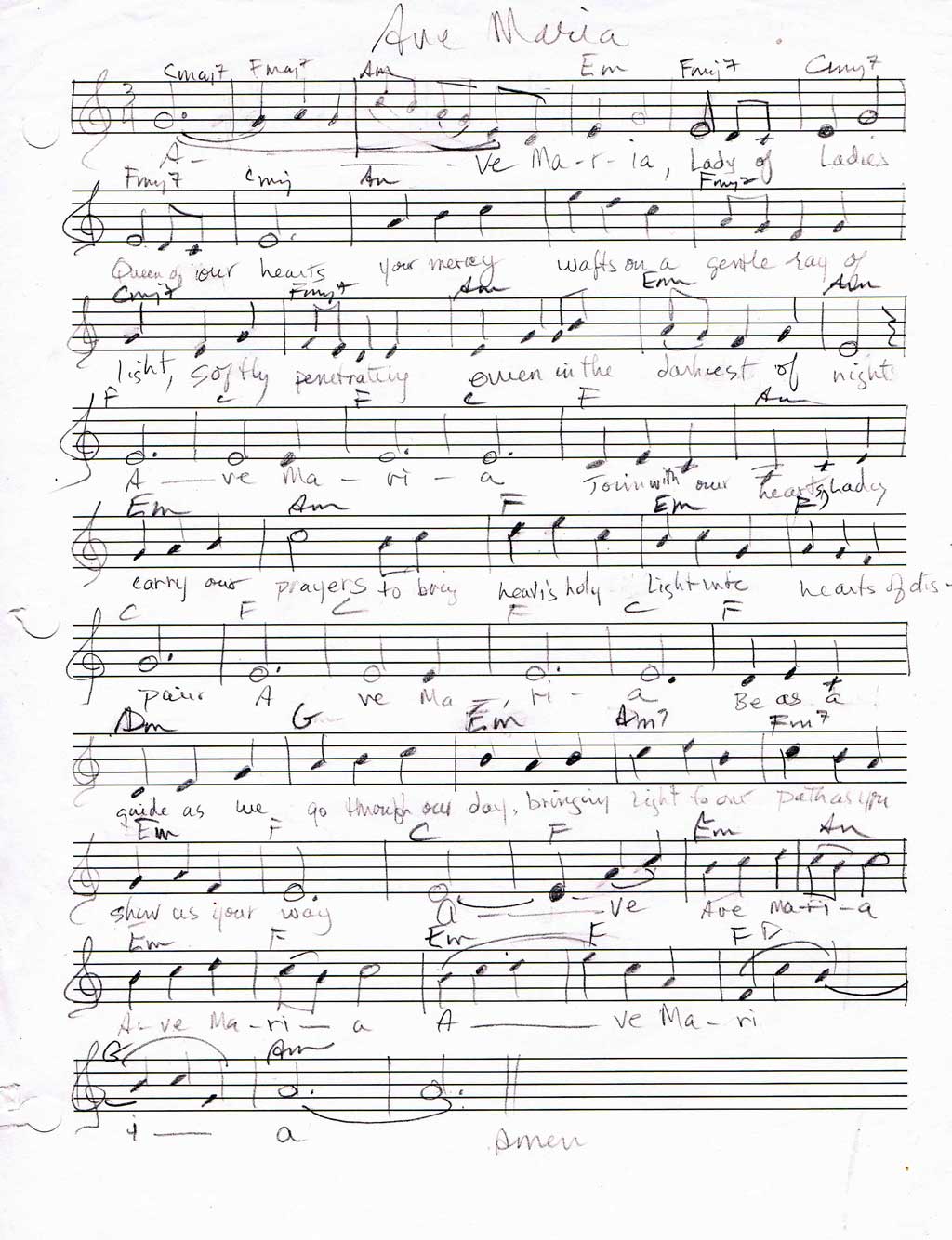 Ave Maria by Pamela J Holm, original manuscript