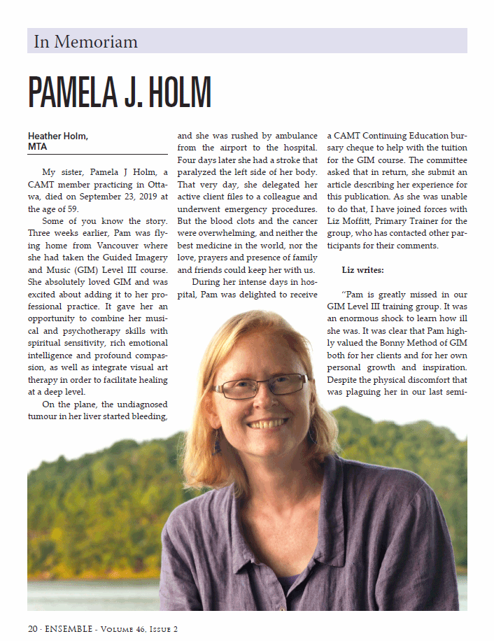Page 1 of article about Pamela Holm in Ensemble magazine.