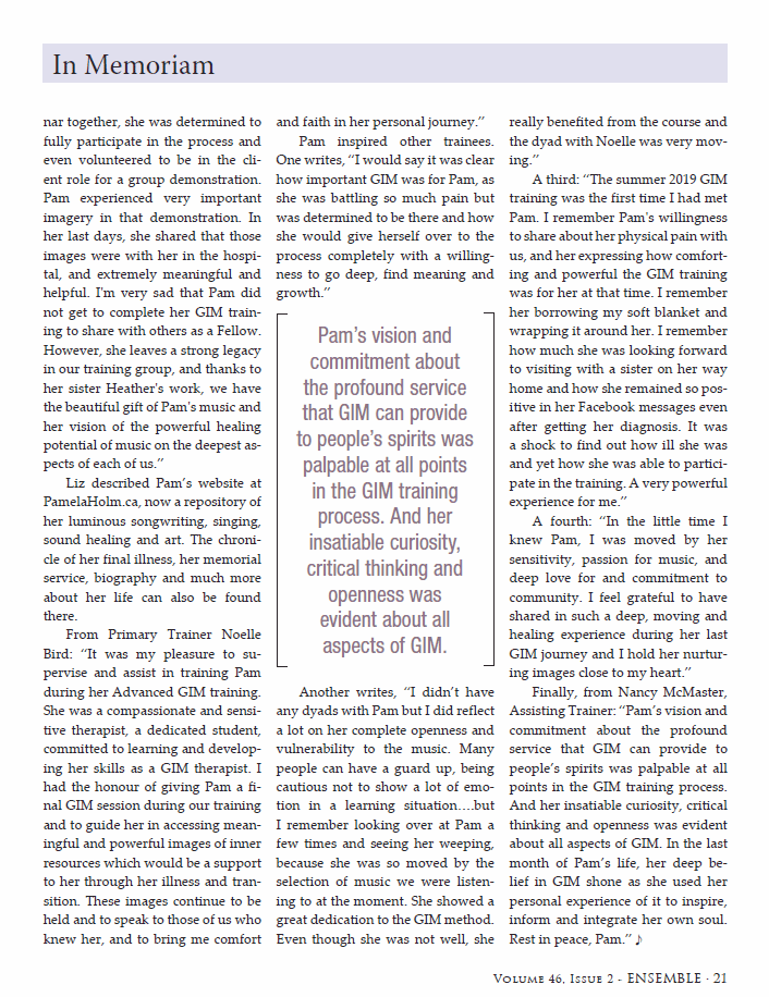 Page 1 of article about Pamela Holm in Ensemble magazine.
